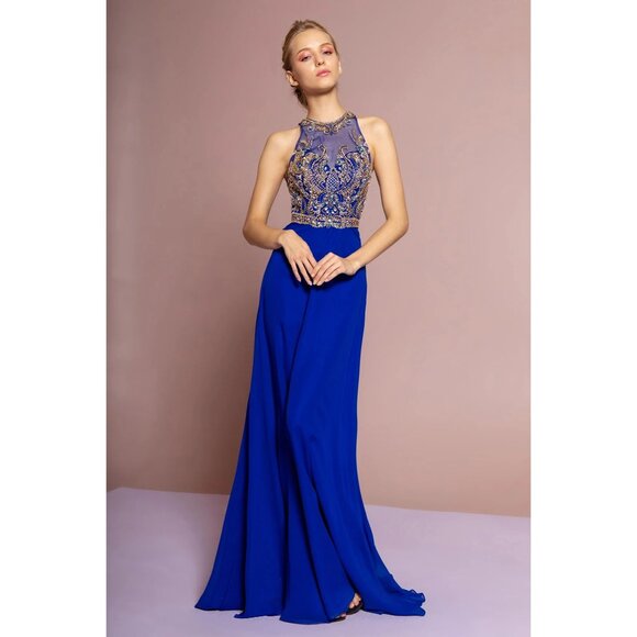 Royal Blue Sleeveless Halter Prom Dress With Beaded Bodice & Sheer Back Detail - Picture 1 of 12
